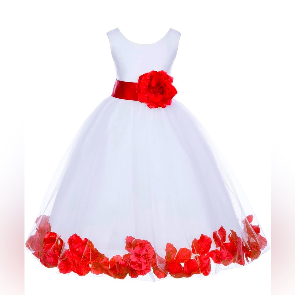 White Floral Lace Heart Cutout Junior Flower Girl Dresses with Petals 7/8T